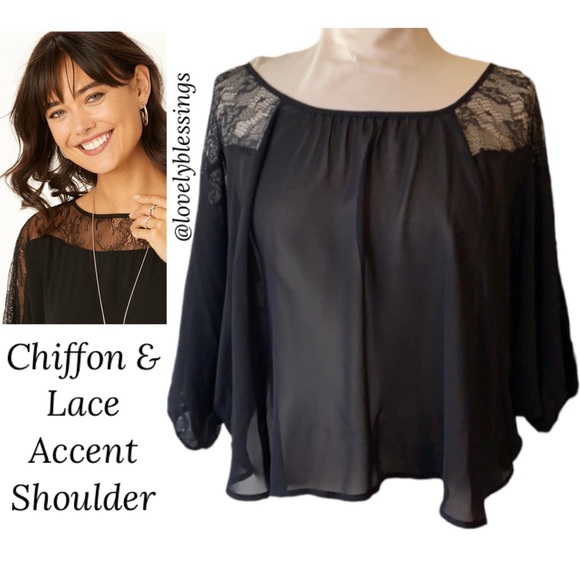 a.n.a Tops - Black Flowy Chiffon Lace Round Boat Neck Quarter Sleeve Dressy Blouse Siz Medium